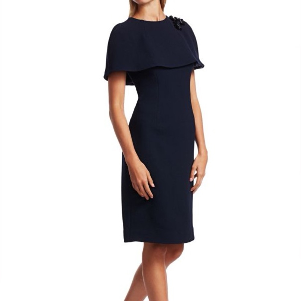 Teri Jon by Rickie Freeman wool cape cocktail Midi Dress shimmer embellished‎